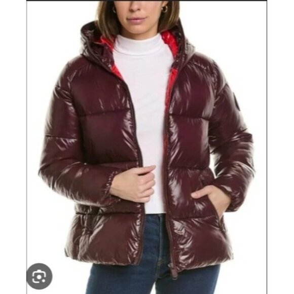 New Save the Duck Short Jacket Puffer Hooded Burgundy Size XS - Picture 2 of 8